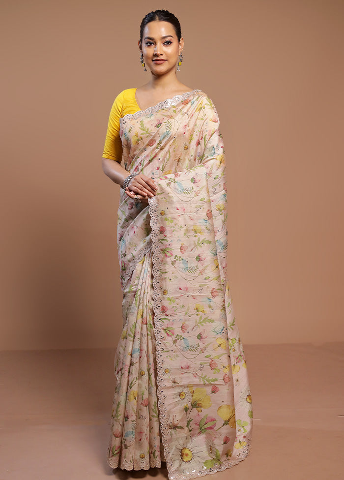 Cream Tussar Silk Saree With Blouse Piece