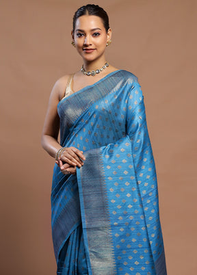 Blue Tussar Silk Saree With Blouse Piece