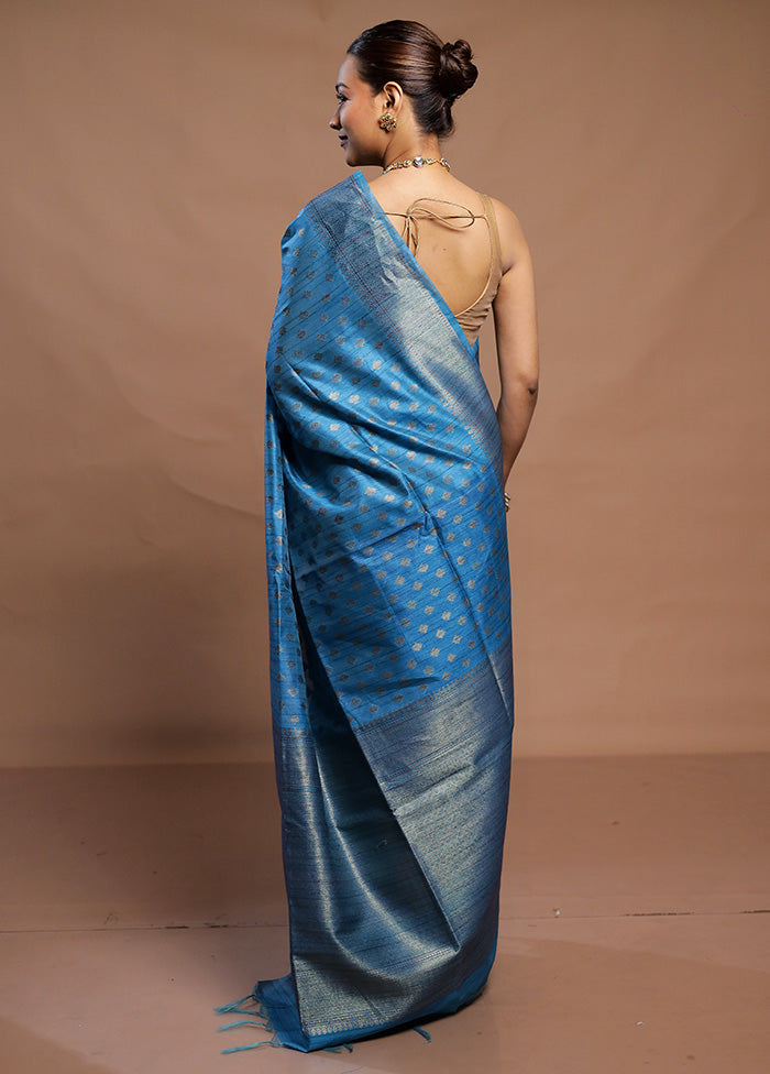 Blue Tussar Silk Saree With Blouse Piece