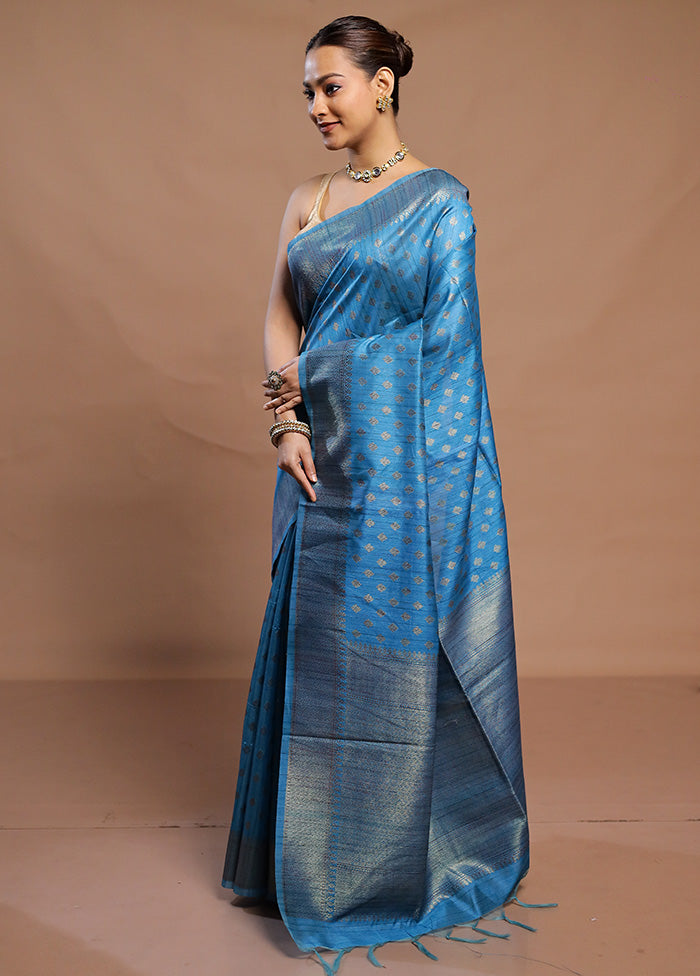 Blue Tussar Silk Saree With Blouse Piece