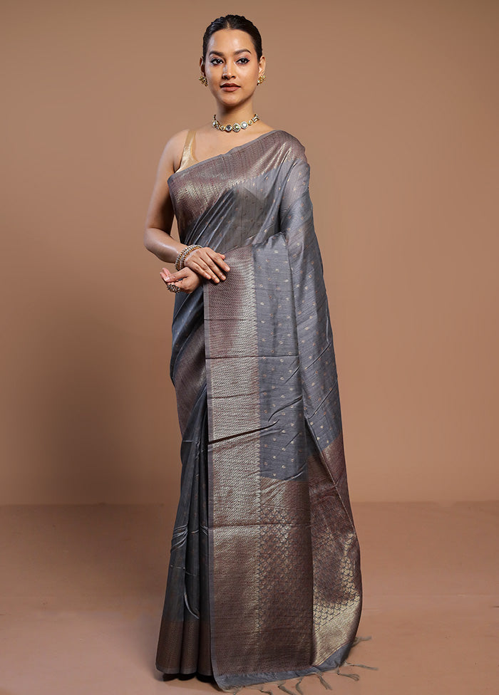 Grey Tussar Silk Saree With Blouse Piece