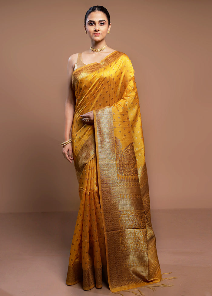 Yellow Tussar Silk Saree With Blouse Piece