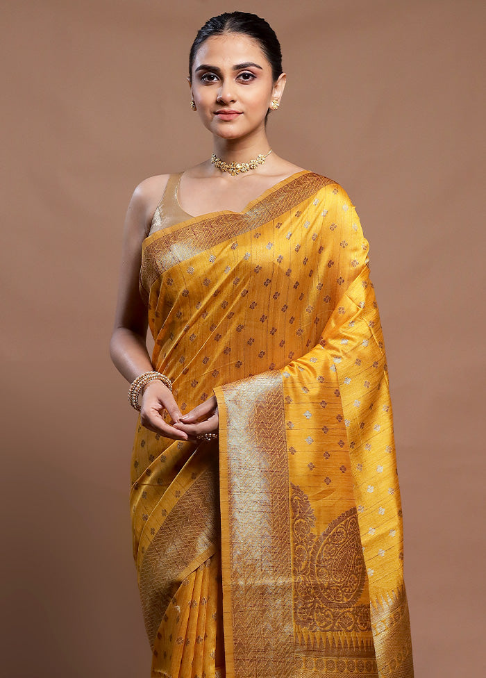 Yellow Tussar Silk Saree With Blouse Piece