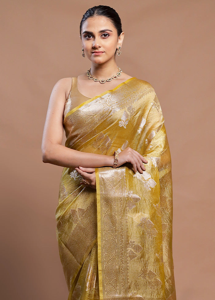 Yellow Crushed Tissue Silk Saree With Blouse Piece