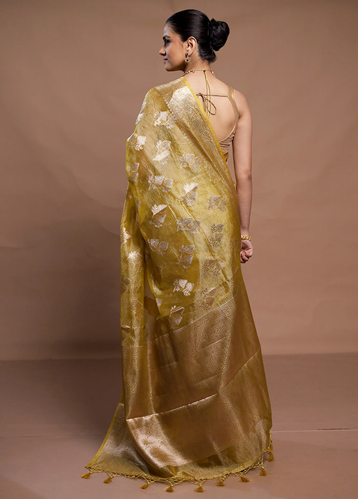 Yellow Crushed Tissue Silk Saree With Blouse Piece