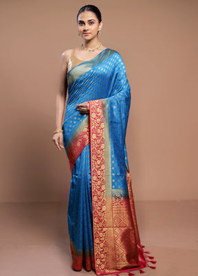 Blue Dupion Silk Saree With Blouse Piece