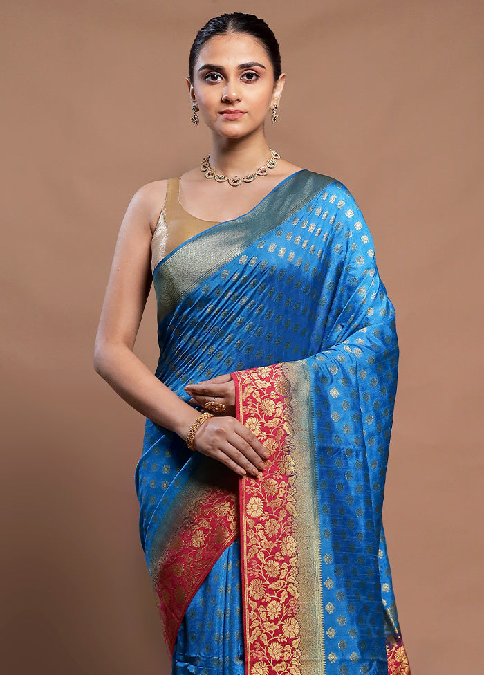 Blue Dupion Silk Saree With Blouse Piece