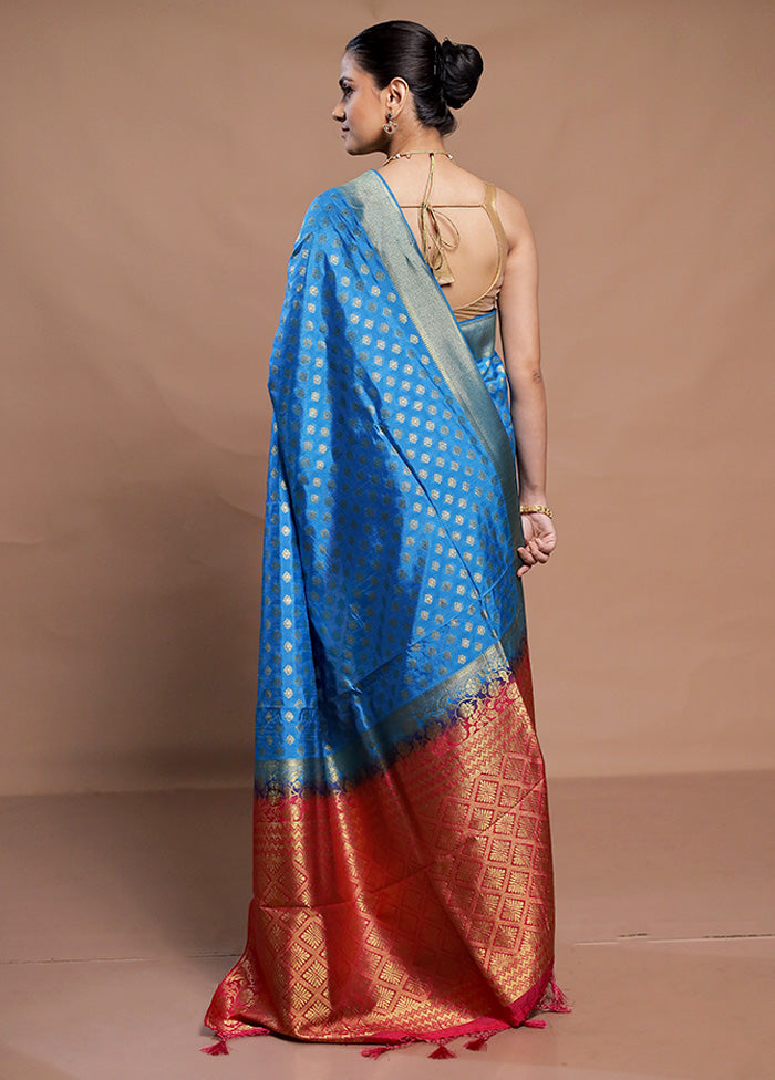 Blue Dupion Silk Saree With Blouse Piece