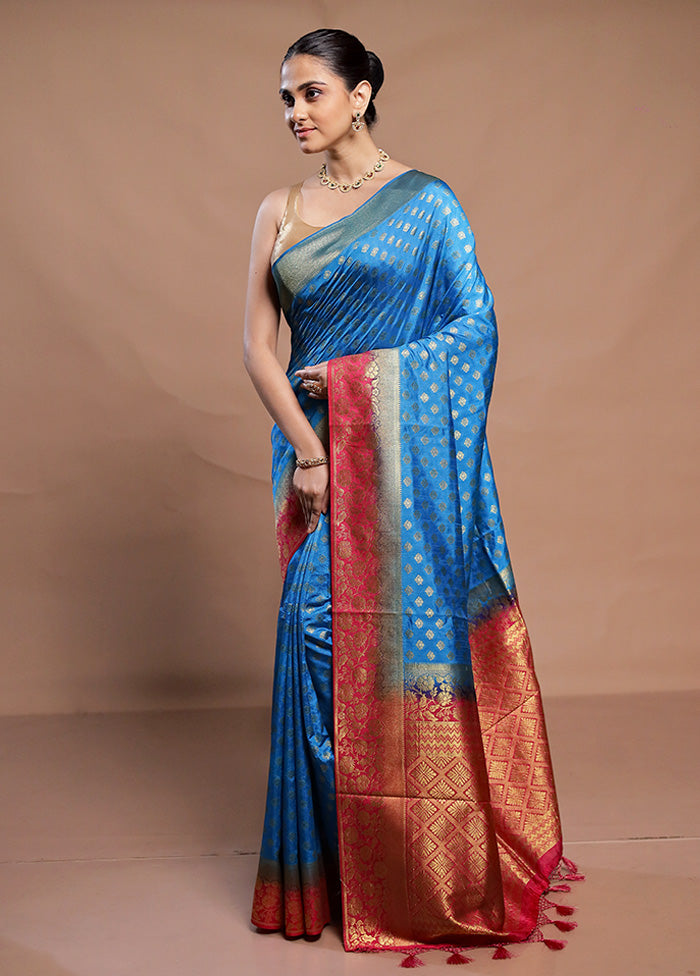 Blue Dupion Silk Saree With Blouse Piece