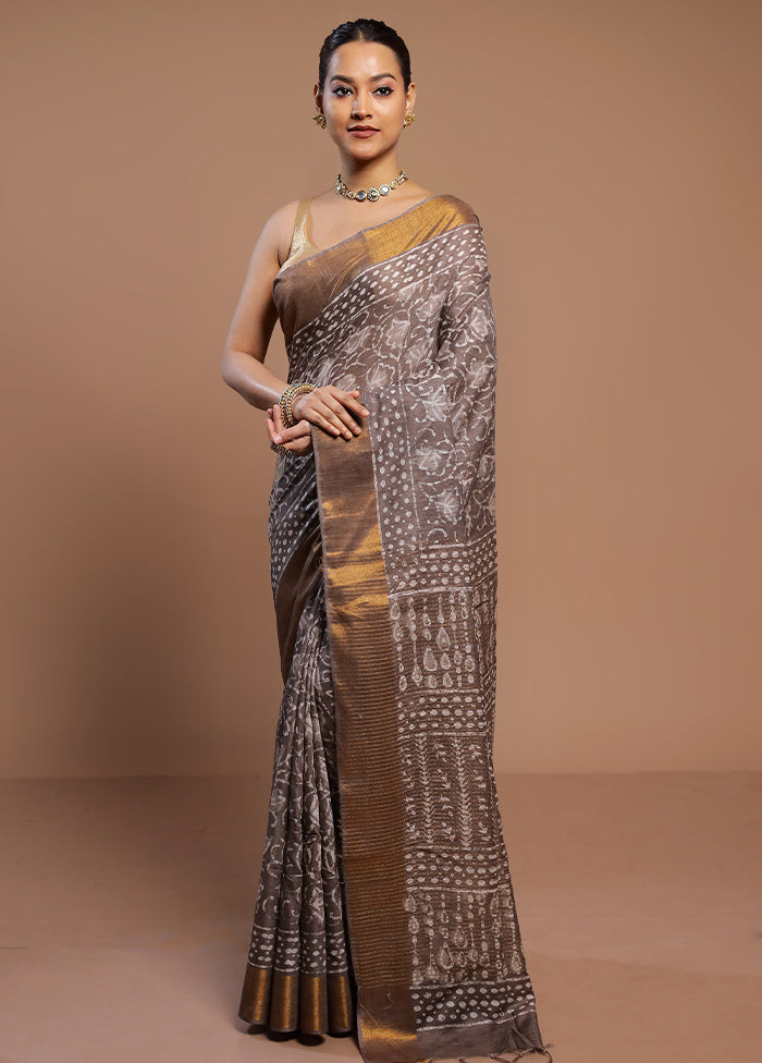 Brown Linen Silk Saree With Blouse Piece