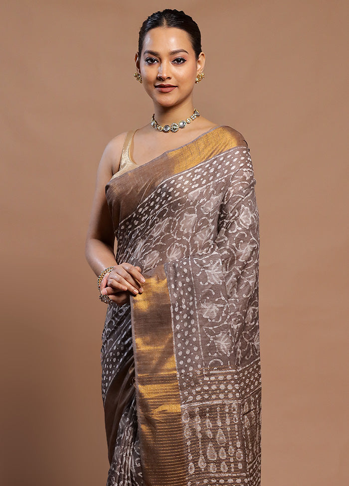 Brown Linen Silk Saree With Blouse Piece