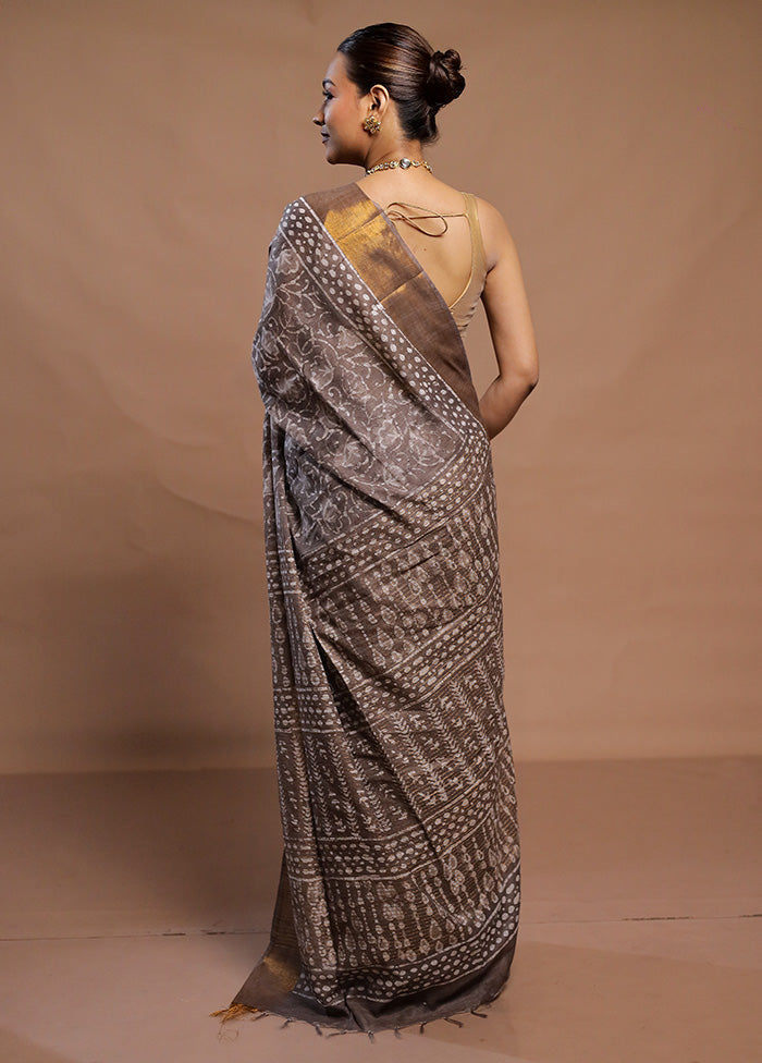 Brown Linen Silk Saree With Blouse Piece