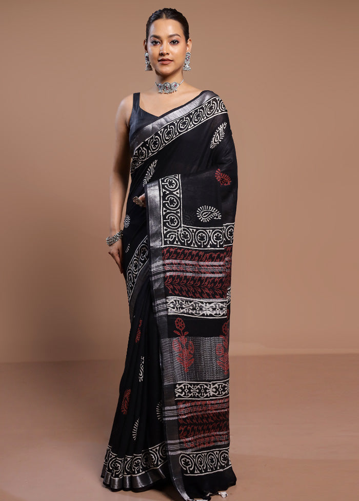 Black Linen Silk Saree With Blouse Piece