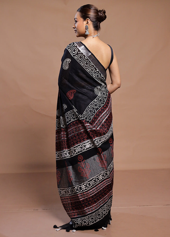 Black Linen Silk Saree With Blouse Piece