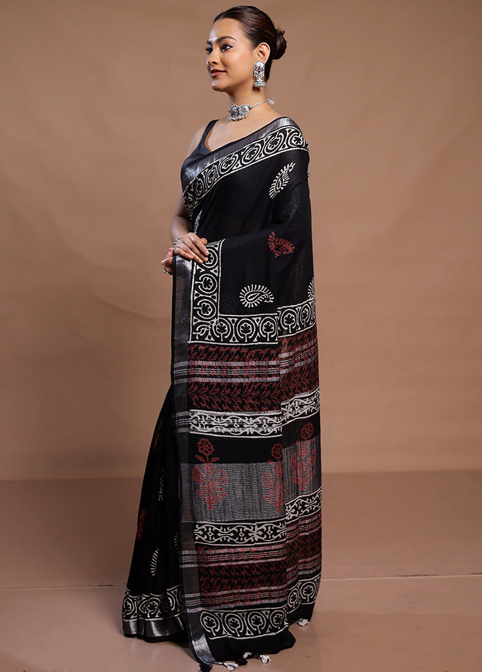 Black Linen Silk Saree With Blouse Piece