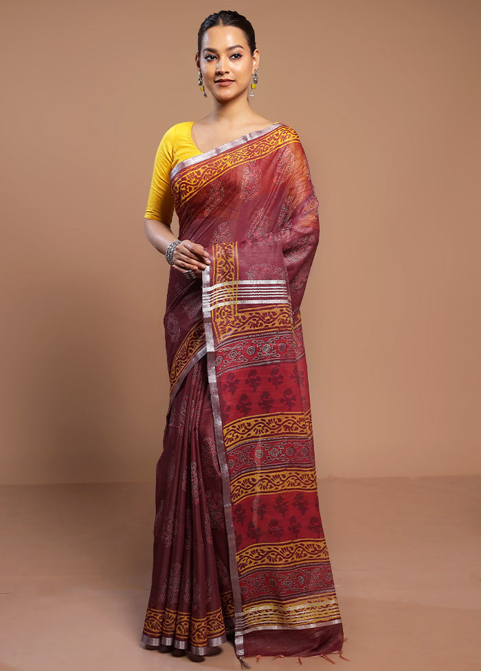 Maroon Linen Silk Saree With Blouse Piece