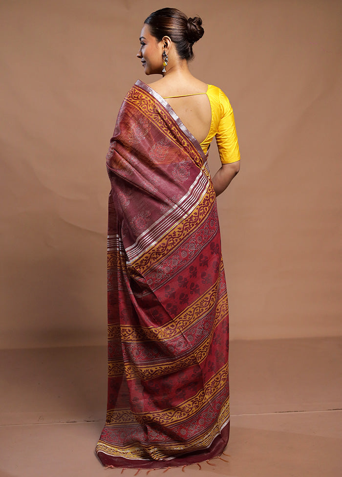 Maroon Linen Silk Saree With Blouse Piece