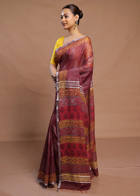 Maroon Linen Silk Saree With Blouse Piece