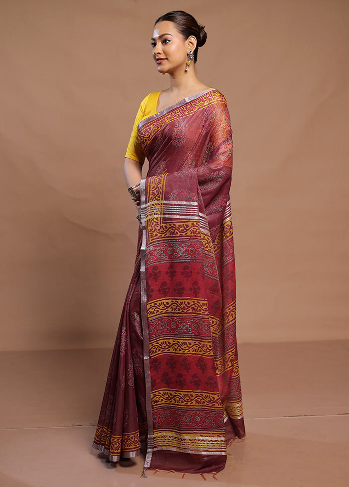Maroon Linen Silk Saree With Blouse Piece