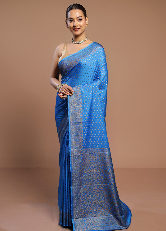 Blue Dupion Silk Saree With Blouse Piece