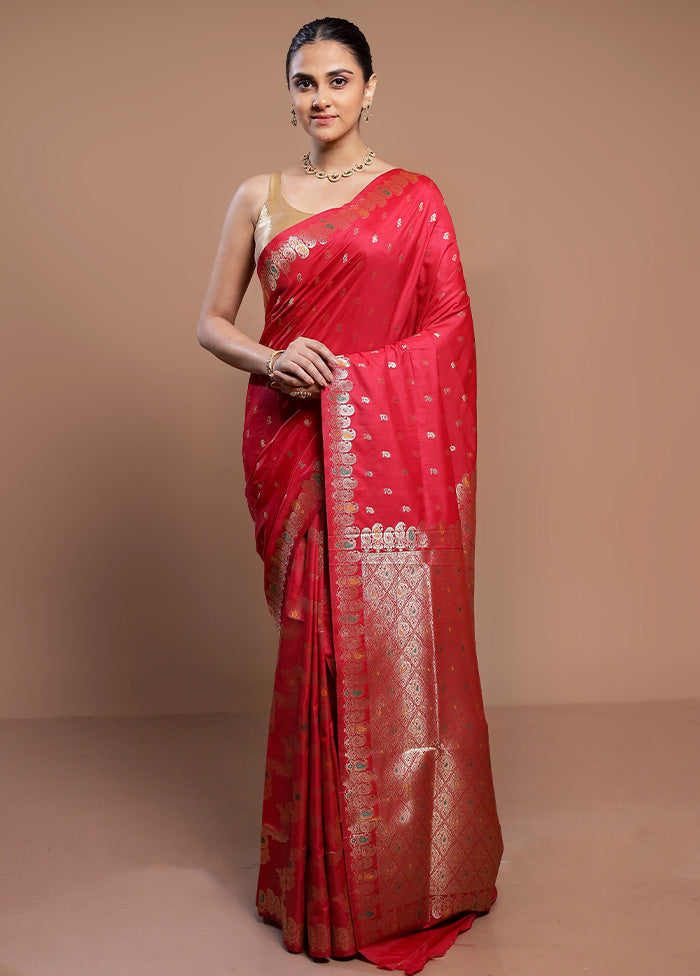 Red Dupion Silk Saree With Blouse Piece