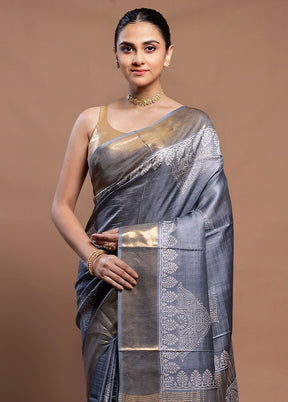 Grey Tussar Silk Saree With Blouse Piece