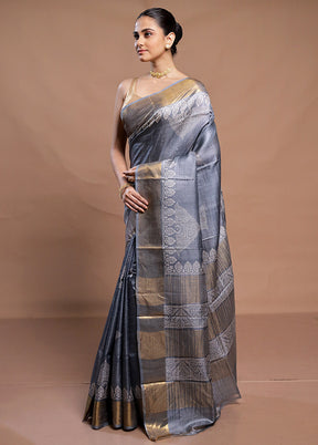 Grey Tussar Silk Saree With Blouse Piece