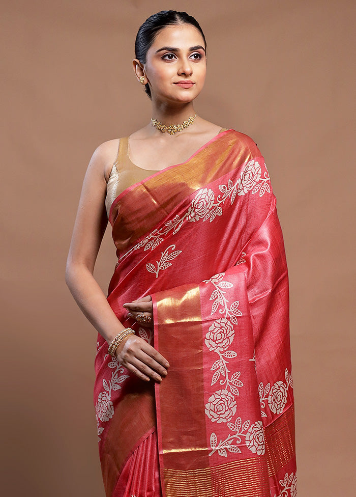 Pink Tussar Silk Saree With Blouse Piece