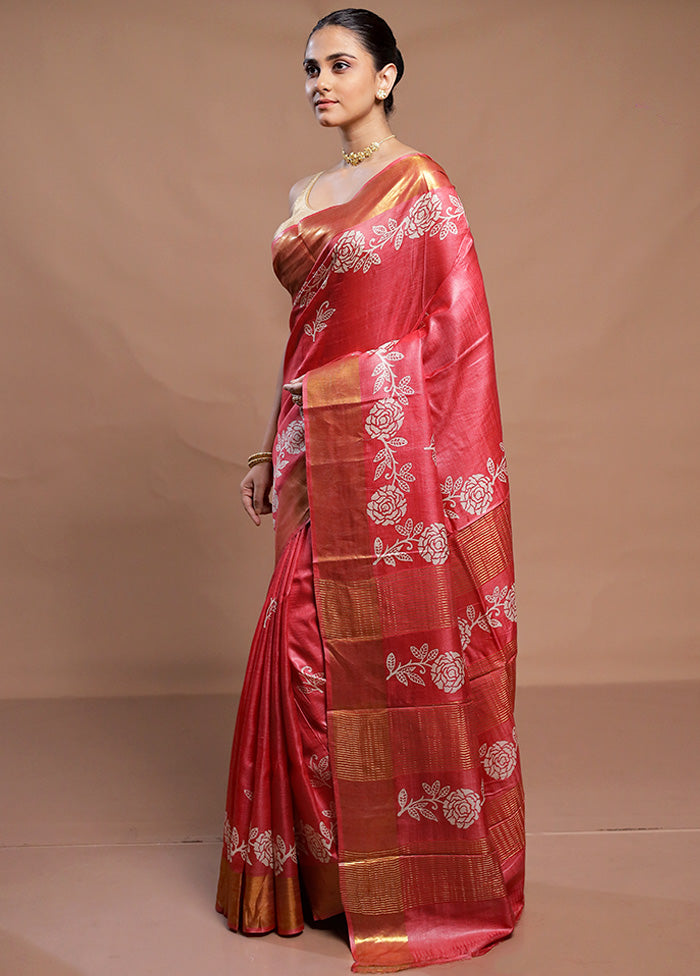 Pink Tussar Silk Saree With Blouse Piece