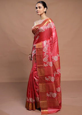 Pink Tussar Silk Saree With Blouse Piece