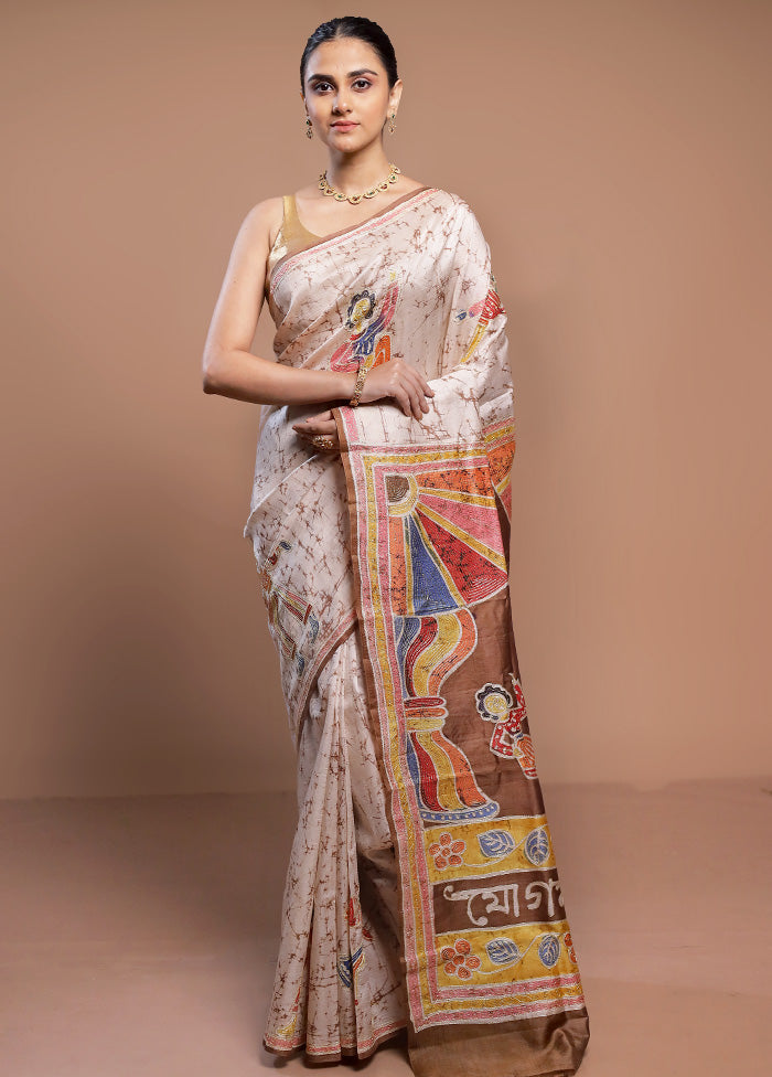 Cream Pure Bishnupuri Stich Saree Without Blouse Piece