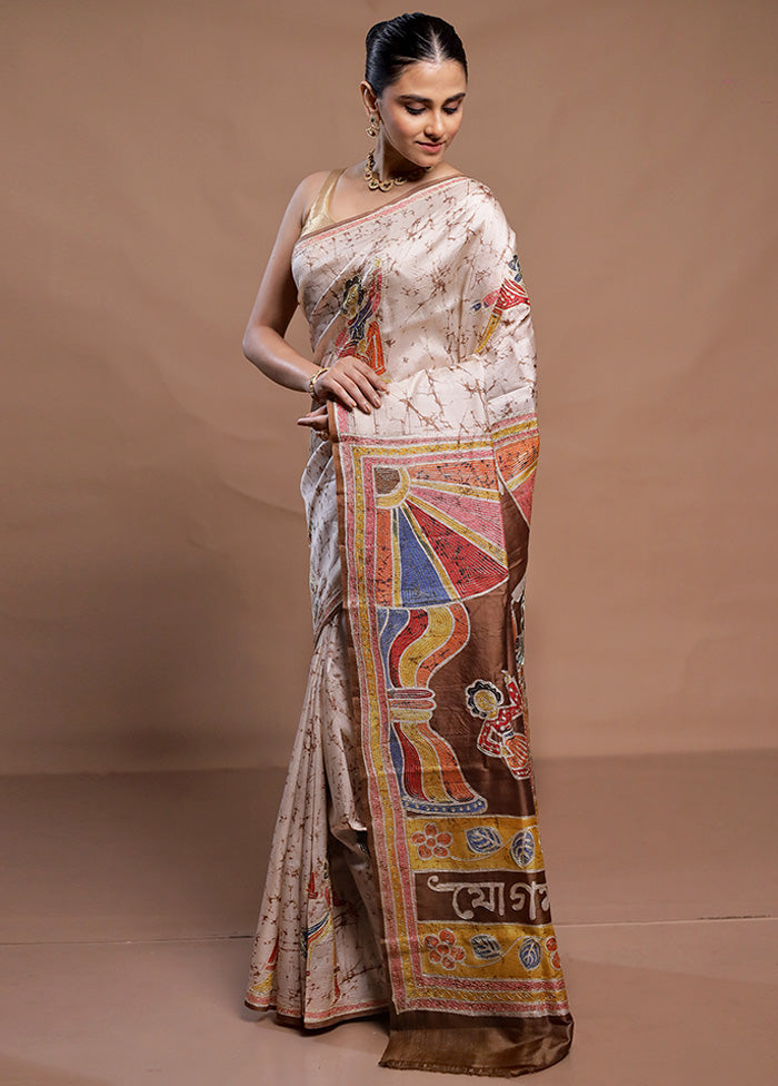 Cream Pure Bishnupuri Stich Saree Without Blouse Piece