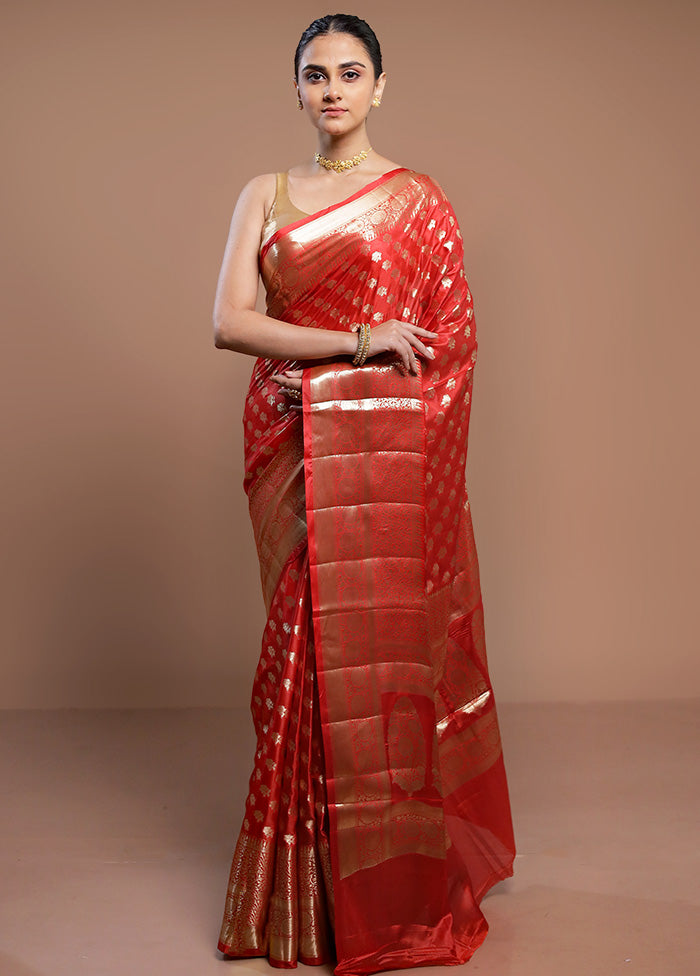 Red Dupion Silk Saree With Blouse Piece