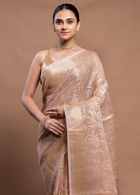 Peach Kora Silk Saree With Blouse Piece