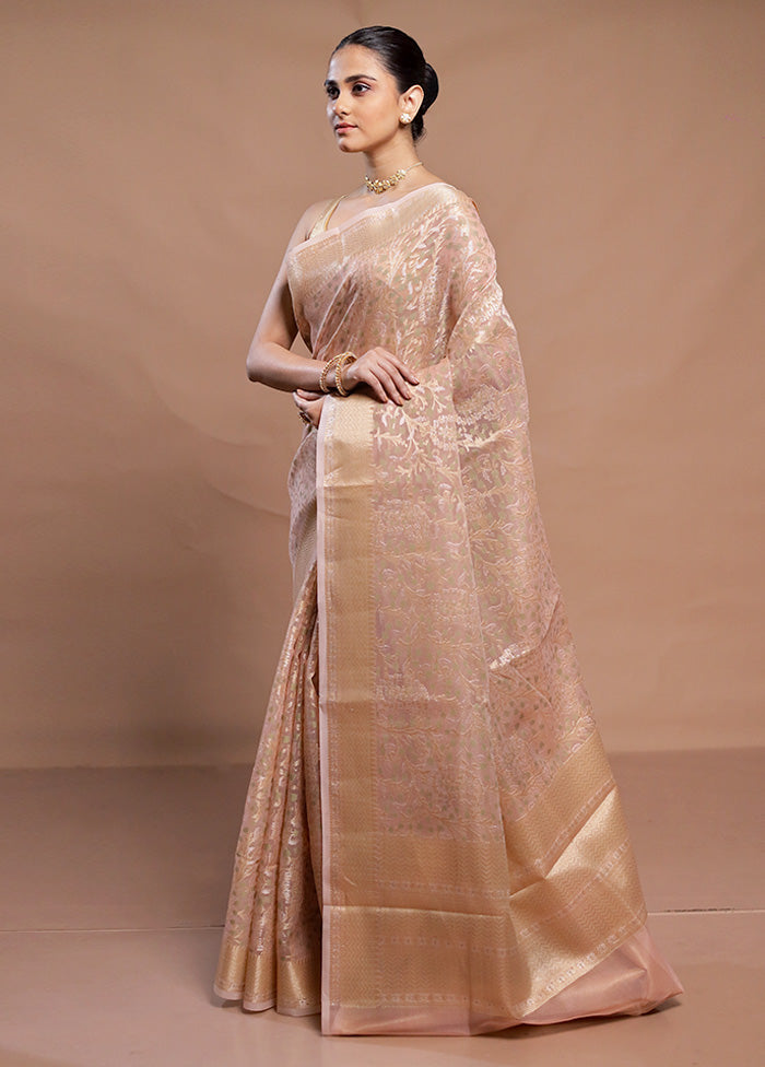 Peach Kora Silk Saree With Blouse Piece