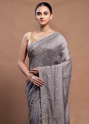 Grey Tussar Silk Saree With Blouse Piece