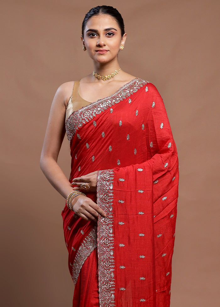 Red Tussar Silk Saree With Blouse Piece