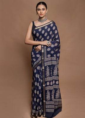Blue Chanderi Cotton Saree With Blouse Piece