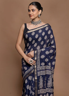 Blue Chanderi Cotton Saree With Blouse Piece