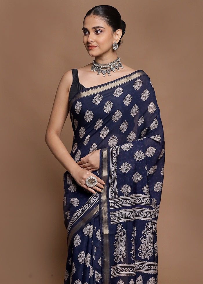 Blue Chanderi Cotton Saree With Blouse Piece