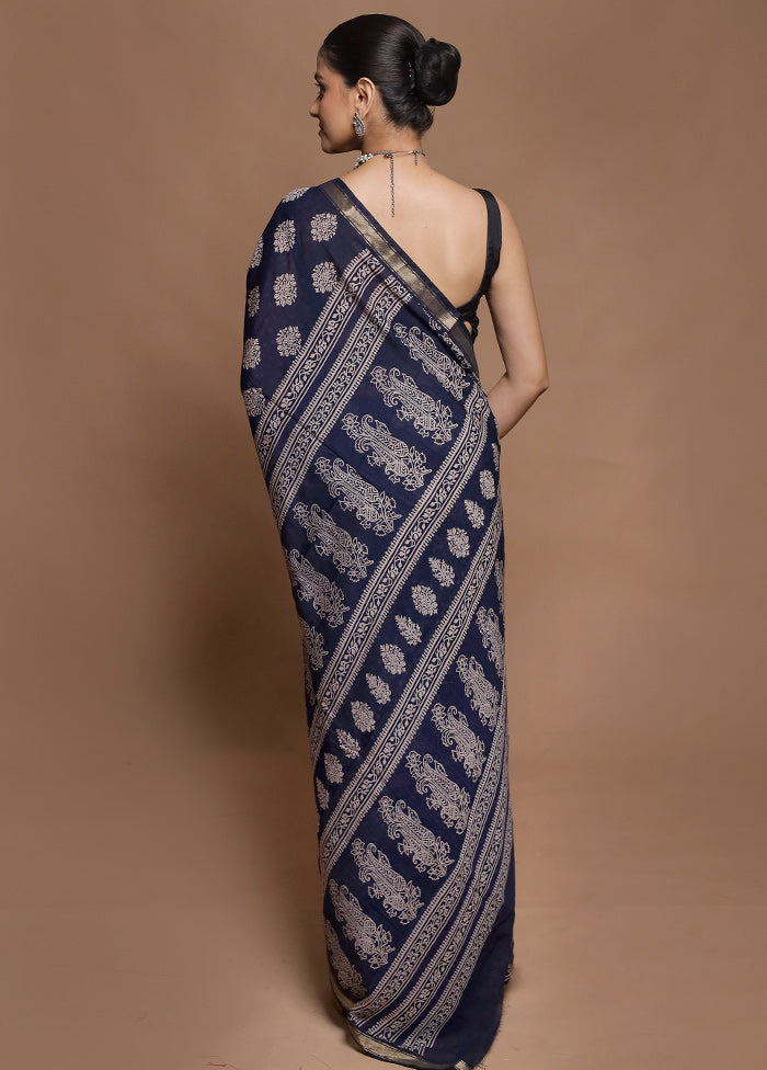Blue Chanderi Cotton Saree With Blouse Piece