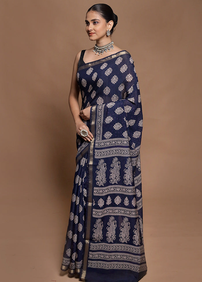 Blue Chanderi Cotton Saree With Blouse Piece