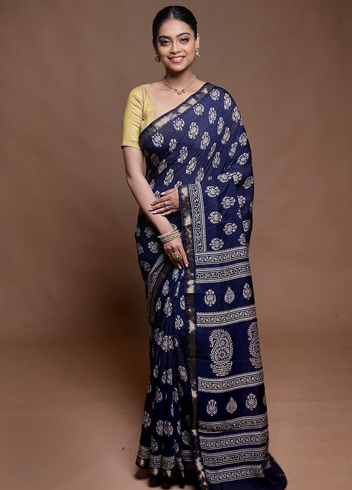 Blue Chanderi Cotton Saree With Blouse Piece