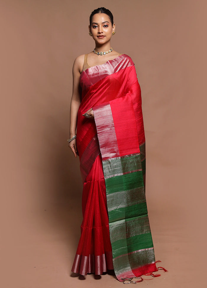 Red Dupion Silk Saree With Blouse Piece