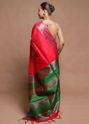 Red Dupion Silk Saree With Blouse Piece