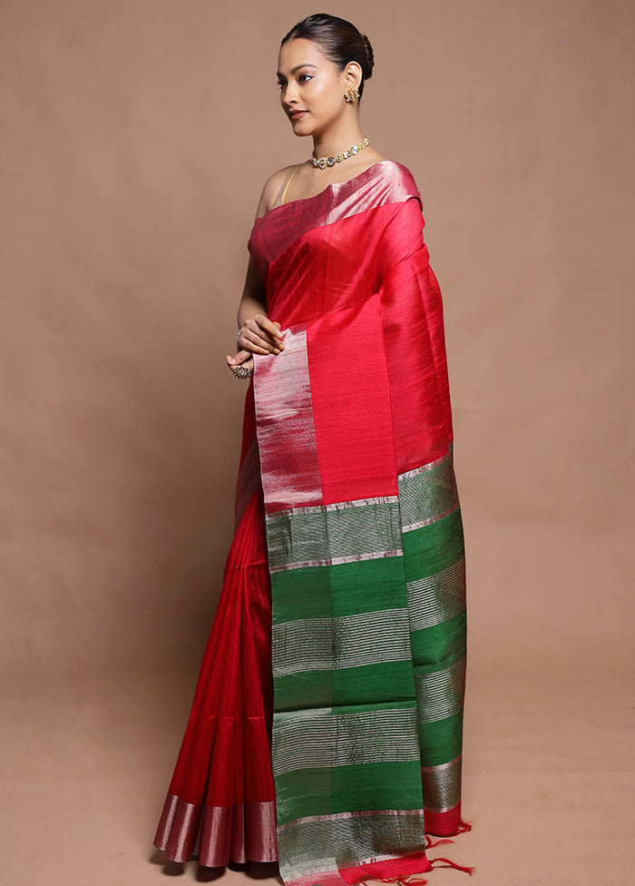 Red Dupion Silk Saree With Blouse Piece