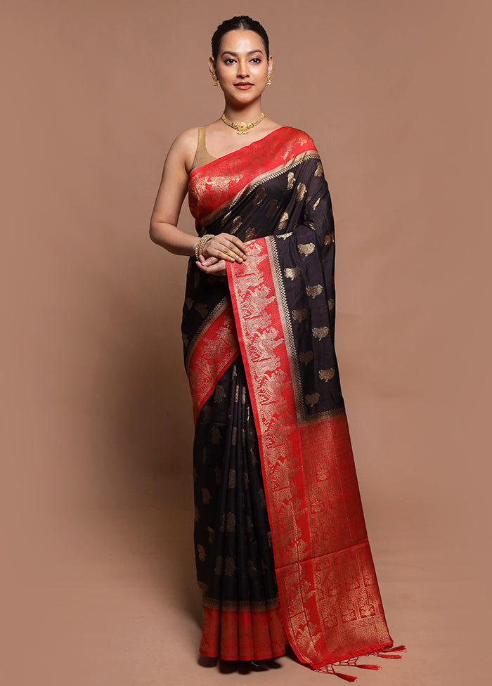 Black Dupion Silk Saree With Blouse Piece