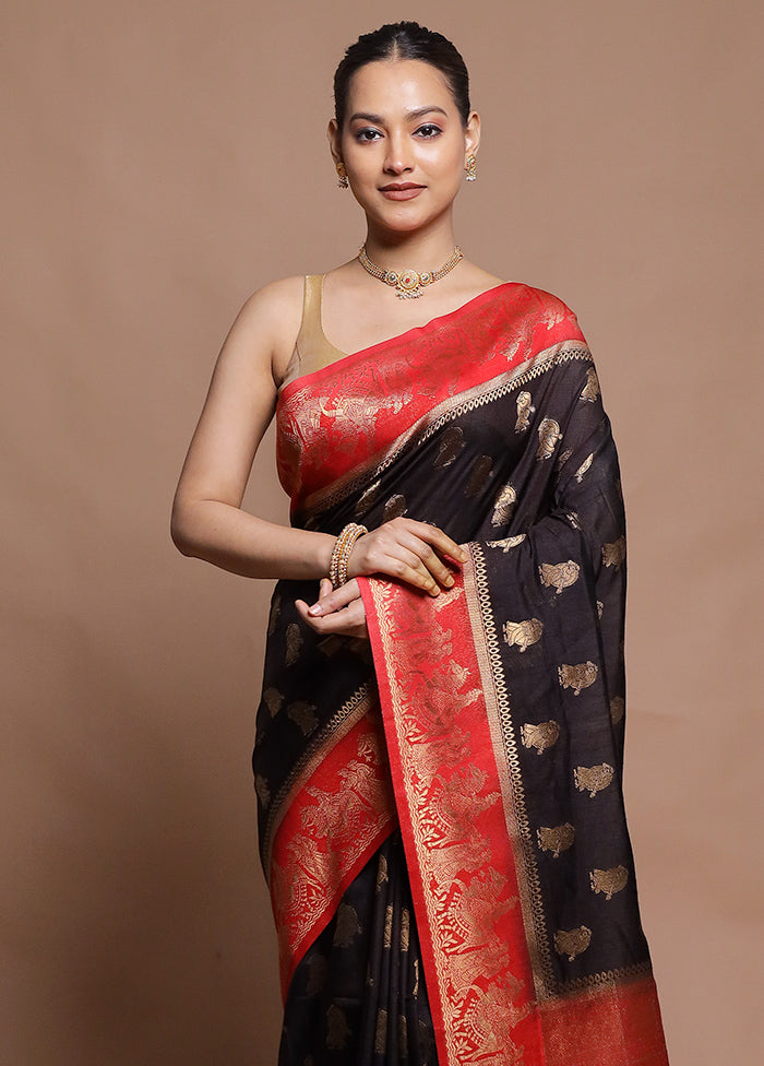 Black Dupion Silk Saree With Blouse Piece