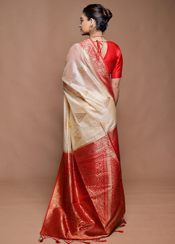 Cream Dupion Silk Saree With Blouse Piece