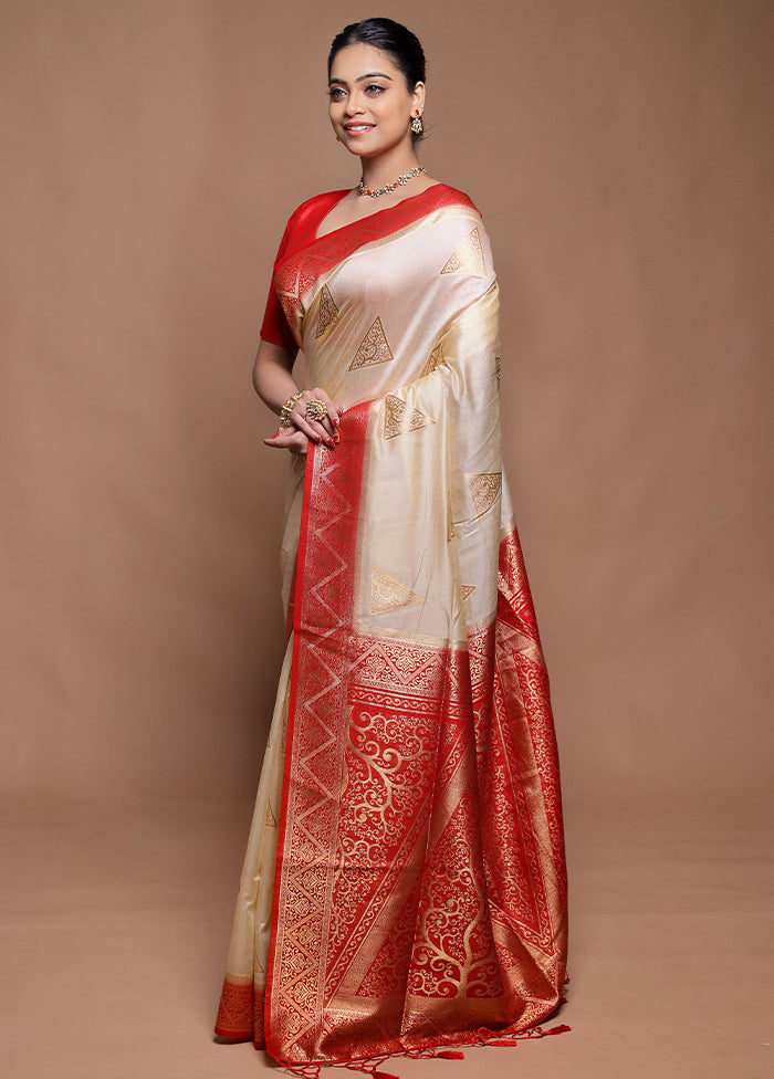 Cream Dupion Silk Saree With Blouse Piece